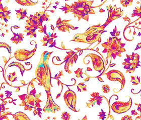 Paisley watercolor floral pattern tile flower, flores, tulip, pheasant, bird. Oriental traditional hand painted water color whimsical seamless print border for design. Abstract indian batik background