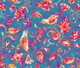 Paisley watercolor floral pattern tile flower, flores, tulip, pheasant, bird. Oriental traditional hand painted water color whimsical seamless print border for design. Abstract indian batik background