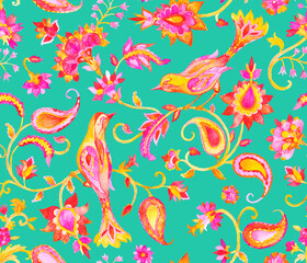 Paisley watercolor floral pattern tile flower, flores, tulip, pheasant, bird. Oriental traditional hand painted water color whimsical seamless print border for design. Abstract indian batik background