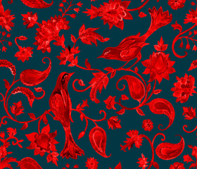 Paisley watercolor floral pattern tile flower, flores, tulip, pheasant, bird. Oriental traditional hand painted water color whimsical seamless print border for design. Abstract indian batik background