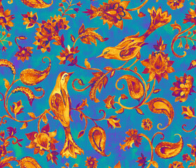 Paisley watercolor floral pattern tile flower, flores, tulip, pheasant, bird. Oriental traditional hand painted water color whimsical seamless print border for design. Abstract indian batik background