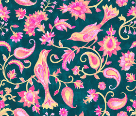 Paisley aquarel bloemmotief tegel bloem, flores, tulp, fazant, vogel. Oosterse traditionele handgeschilderde waterkleur grillige naadloze printrand voor design. Abstracte Indiase batikachtergrond
