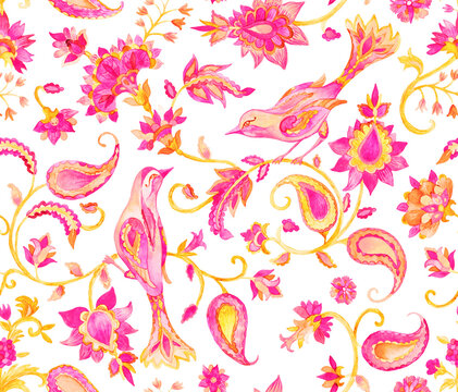 Paisley watercolor floral pattern tile flower, flores, tulip, pheasant, bird. Oriental traditional hand painted water color whimsical seamless print border for design. Abstract indian batik background