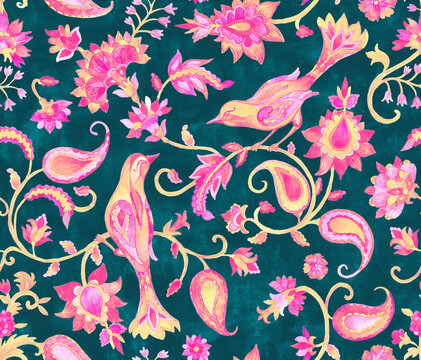 Paisley watercolor floral pattern tile flower, flores, tulip, pheasant, bird. Oriental traditional hand painted water color whimsical seamless print border for design. Abstract indian batik background