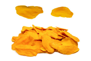 Dry tasty mango slices isolated on a white background.