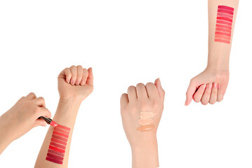 Lipstick swatches on woman hand isolated on white background.