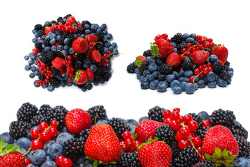 Blackberry, raspberry, blueberry,  red currant and mint background.