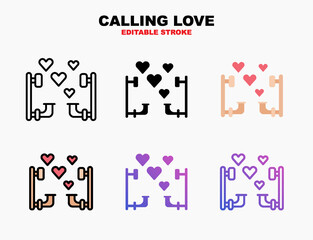 Calling with telephone and love heart icon set with different styles. Editable stroke and pixel perfect. Can be used for digital product, presentation, print design and more.