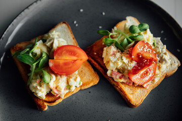 stuffed toast bread with microgreens and tomato on a plate, selectiv focus, defocus