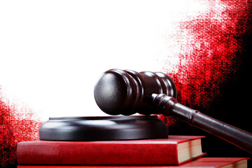 Abstract photo with wooden gavel and red book with codes on white background as symbol of of rule...