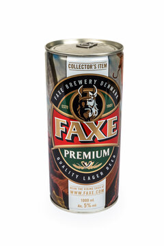 Can of Faxe Premium beer, isolated on white background