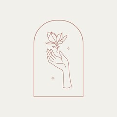Female hand with magnolia flower, template logo vector illustration in line art style. Women's symbols for trendy skin care cosmetics