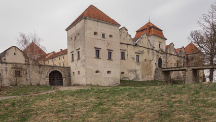 Fototapeta na wymiar Main defensive tower and walls of medieval castle Svirzh, Lviv region, Ukraine