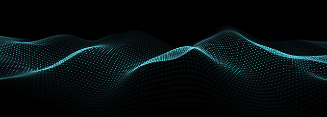 Abstract dynamic wave of particles and lines. Big data. Network or connection. Digital background. 3d rendering.