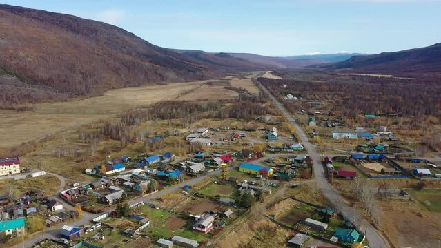 Esso village aerial drone view in mountain landscape. Kamchatka
