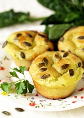 Green muffins with spinach juice with pumpkin seeds. Patrick's Day meals .cupcake spinach