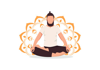 A young man in lotus pose practicing yoga. Mandala. Healthy lifestyle. Vector illustration