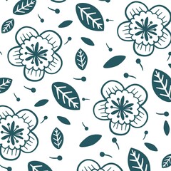 Doodle Flower Pattern On White Background, Hand Drawn, Monotone, Vector