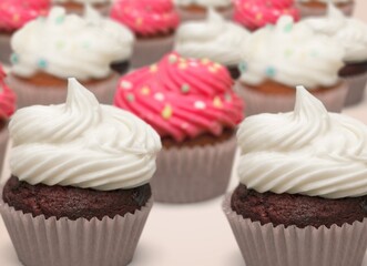 Many different cupcakes with decorations and toppings in a pastry shop concept