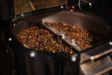 Brown roasted coffee beans in a coffee grinder. Preparation of coffee beans. Coffee business.