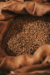 Green coffee bean in a bag. Coffee before roasting. Cogncept of the coffee business