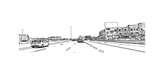 Building view with landmark of Medford is the 
city in Oregon. Hand drawn sketch illustration in vector.