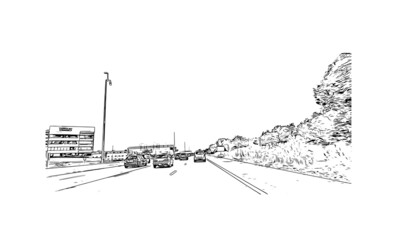 Building view with landmark of Medford is the 
city in Oregon. Hand drawn sketch illustration in vector.