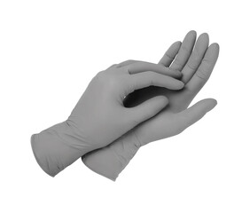 Medical gloves. Two gray surgical gloves isolated on white background with hands. Rubber glove manufacturing, human hand is wearing a latex glove. Doctor or nurse putting on protective gloves.