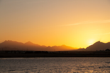 natural background sunset view of the sea, mountains
