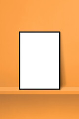 Black picture frame leaning on orange shelf. 3d illustration. Vertical background