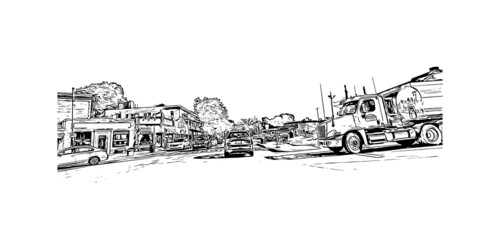 Building view with landmark of Medford is the city in Oregon. Hand drawn sketch illustration in vector.