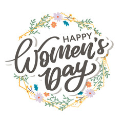 Women's Day hand drawn lettering. Red text isolated on white for postcard, poster, banner design element. Happy Women's Day script calligraphy. Ready holiday lettering design.