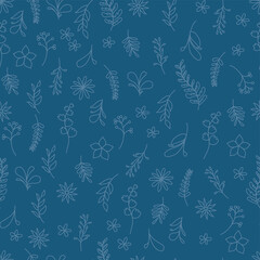 Floral and leaves seamless pattern. Hand drawn linear and silhouette flowers, branches, leaves textures. Cute flower patterns. elegant template for fashionable printers.