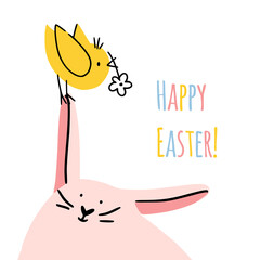 Adorable greeting card with eastern bunny and little chicken sitting in its ear. Good for greeting cards, banners, invitations, flyers.