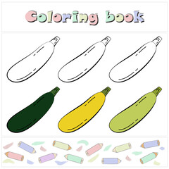 Zucchini set. A page of a coloring book with a colorful vegetables and a sketch for coloring. Preschool education. Cartoon style. Vector illustration for children, eps