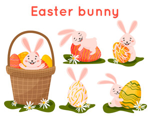 Set of different Easter bunnies isolated on white background. In a basket hugs an egg. Hand drawn cartoon illustration. Cute stylish characters. For Easter cards, stickers, flyers.