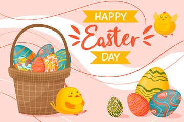 Happy easter illustration. Basket with colored painted eggs, chickens. Beautiful inscription, delicate background. For banner, postcard, flyers.