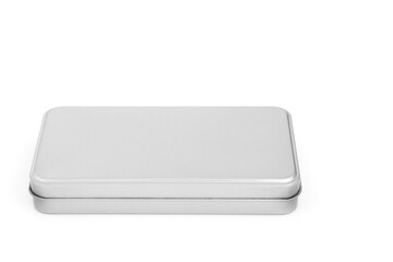 Brushed metal silver grey rectangular shaped box on white background. Copy space.
