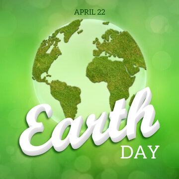 Earth Day background. Save the planet, green concept. Earth globe made of grass on green backdrop with 3D text.