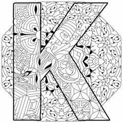 Letter K monogram, engraving design on mandala for coloring. Vector illustration.
