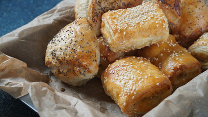 Burekas with cheese and mushrooms, potato. Israeli Savory Pastries.