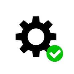 Gear silhouette and check mark icons. Updates and settings complete. Vector.