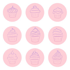 a set of nine round pink icons with the image of cakes, an icon for social media ads, web design, a menu icon, a flat crafting gradient