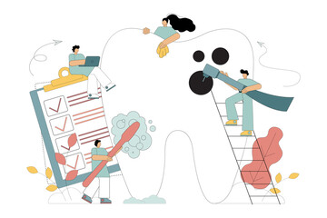 The concept of dental work. Little dentists people cleaning, cleaning plaque, treating unhealthy plaque, drilling caries.