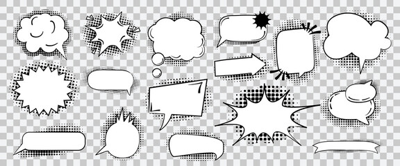 Empty speech bubbles with halftone shadows, pop art style on transparent background. Set of retro vector illustrations
