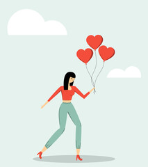 Girl holding red heart shape balloons. Valentine's Day. Vector image. Cartoon style