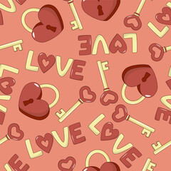 Happy Valentine's Day, seamless vector pattern with lock and key. Love. For fabrics, postcards, paper, background. Vector illustration
