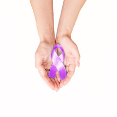 Cancer day. Hands holding a purple ribbon.Isolated on a white background. alzheimer disease, pancreatic cancer, epilepsy awareness, fibromyalgia awareness, world cancer day