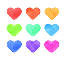 Watercolor heart set. Heart shape in rainbow colors, cute youth design, vector illustration