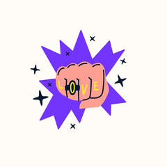 The hand is clenched into a fist with a ring on the finger and the inscription Love. Modern fashionable youth graphics. Vector illustration in cartoon style